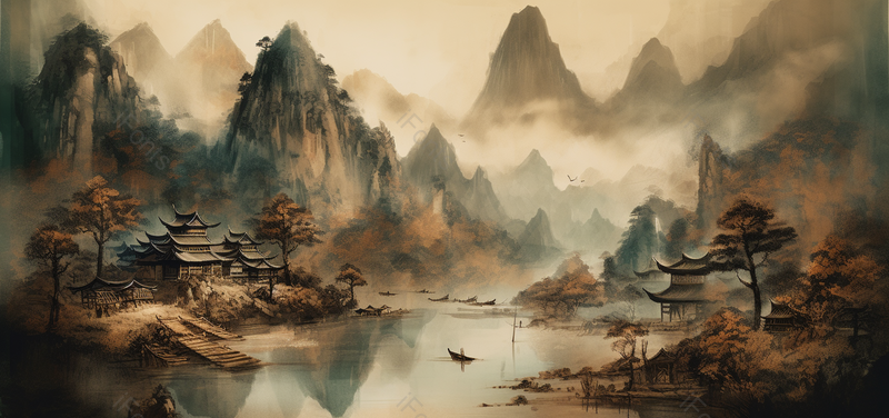 山里人家宁静船只中国风意境水墨画背景,插画/手绘图,插画/手绘图库,插画/手绘图下载,插画/手绘
